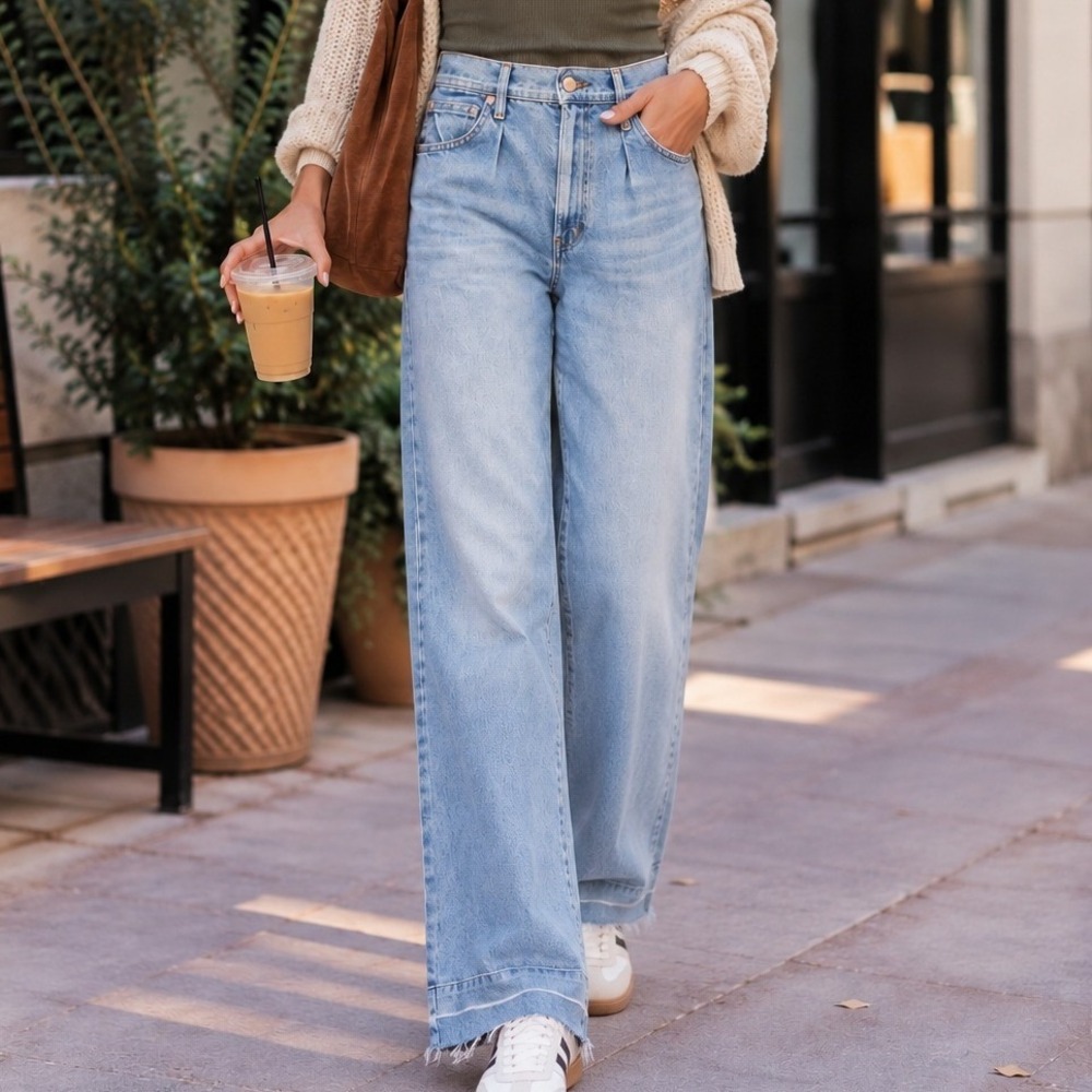 Gap Womens Trouser High Rise Wide Leg Jeans Light Wash Raw Hem Size 12L Tall